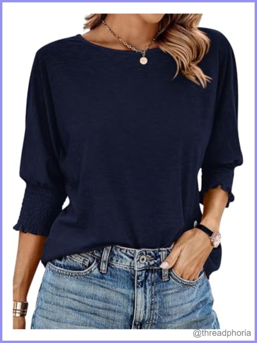 Womens Summer Tunic Top Smocked 3/4 Sleeve Loose Fit Flowy Cotton Blouse